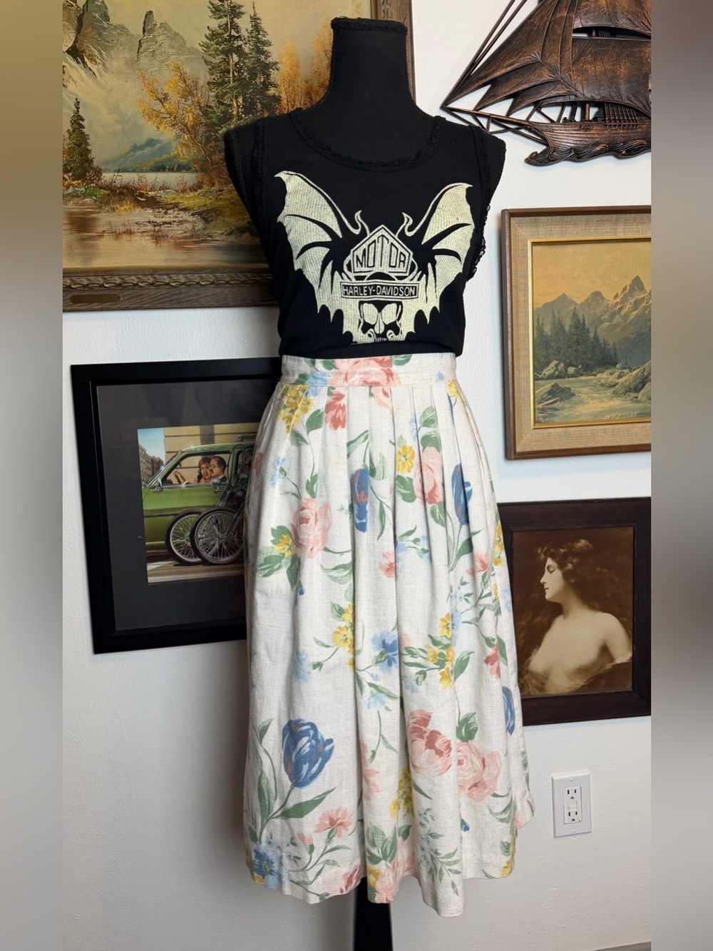 Vintage 1980s Floral Midi Skirt XS-S 24"Waist